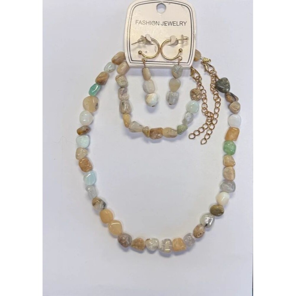 Natural Stone Jewelry Set Necklace Bracelet & Earrings Gold Tone